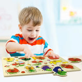 Quebra-Cabeça Montessori de Madeira com Pinos – Formas, Frutas e Animais em 3D para Coordenação Motora e Concentração Infantil